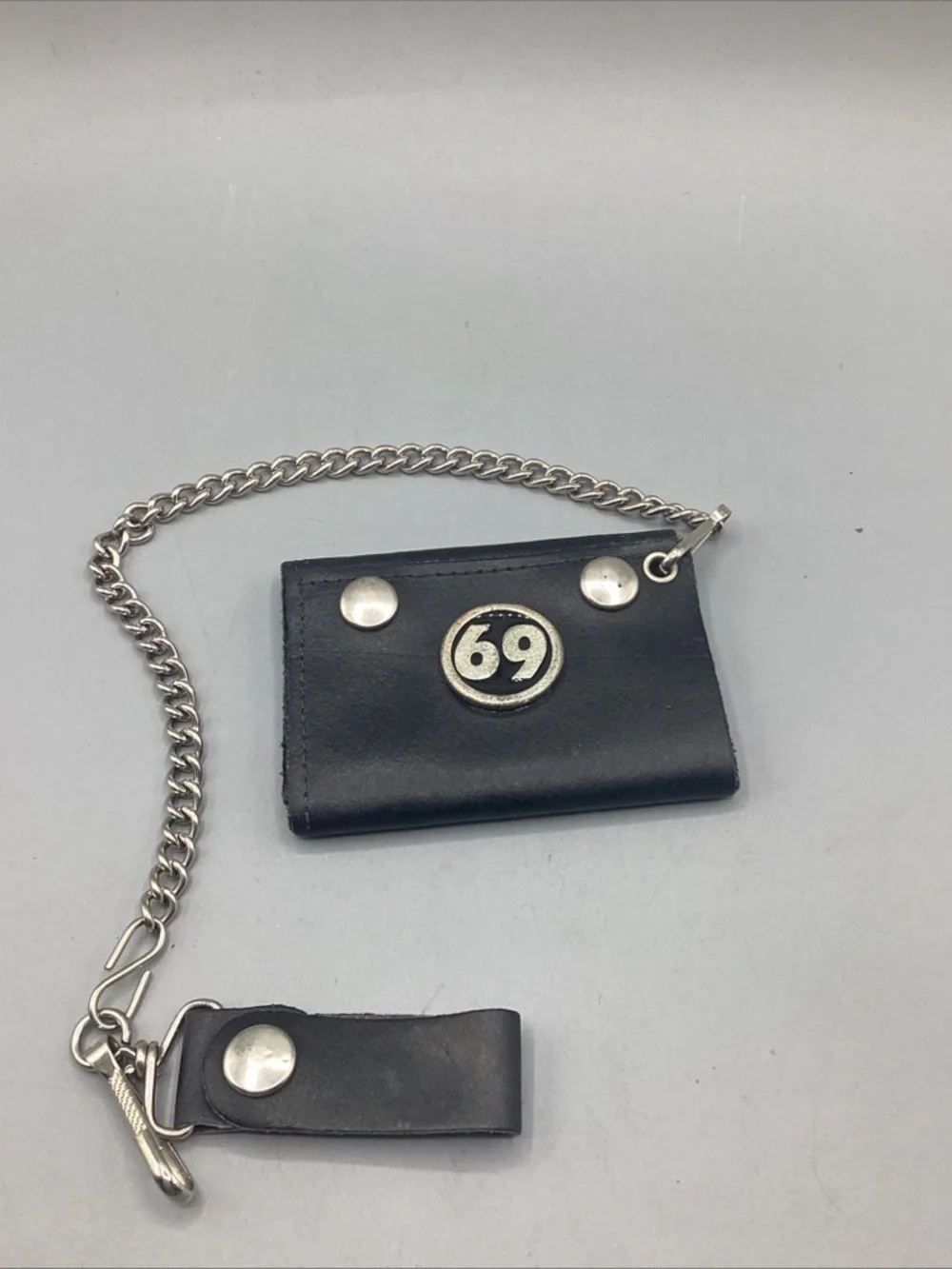 Vintage Black Leather Chain Wallet with Number 69 Accent USA Made